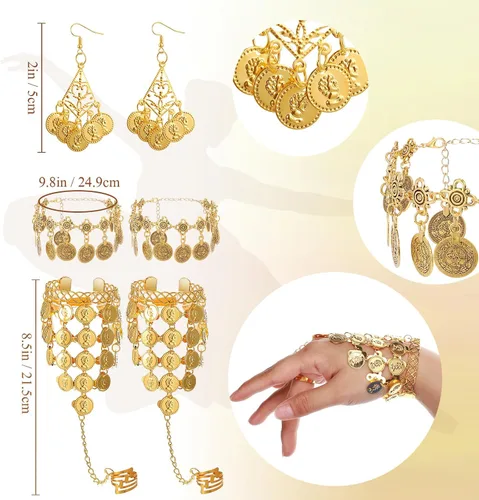Vista 30 de Haysandy Conjunto de 8 piezas de danza del vientre para mujer, falda de danza del vientre, bufanda de cadera, 2 pulseras, aretes, pulsera de tobillo