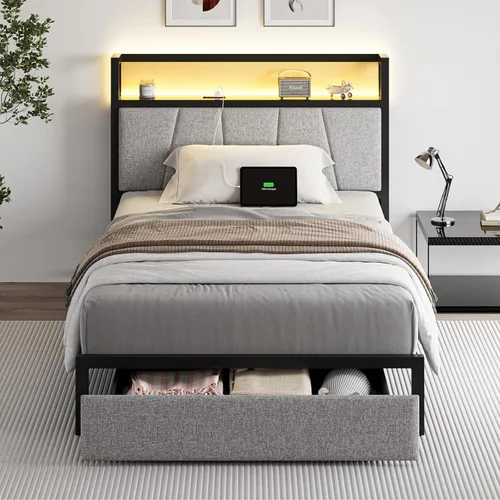 Vista 14 de CIKUNASI Base de cama tamaño Queen con cabecero y cajones de almacenamiento, base de cama con estación de carga de almacenamiento, marco de cama