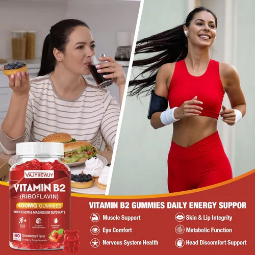 Vista 3 de Gomitas de riboflavina con vitamina B2 de 400 mg para apoyo energético y metabolismo, gomitas veganas con sabor a fresas, sin OMG, sin gluten, 120