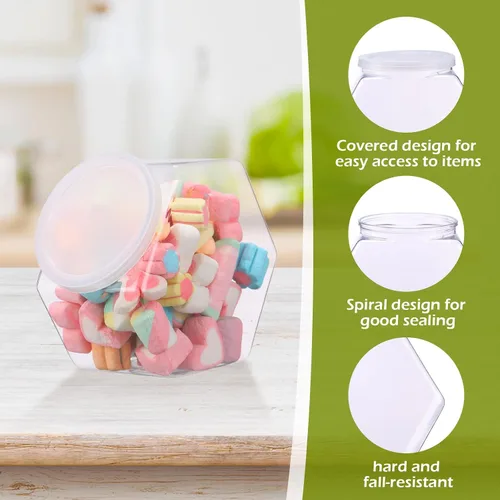 Vista 3 de Hoolerry 16 tarros de plástico para dulces de 30 onzas con tapas, recipiente hexagonal para dulces, bufé, galletas, aperitivos, regalos