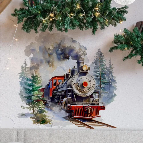 Vista 2 de WAFT YEARN Vinilo removible estilo acuarela retro tren árbol pino calcomanía de pared para decoración de pared de guardería, aula, dormitorio, baño