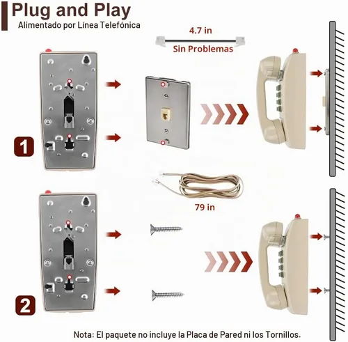 Vista 5 de HTMengt - Teléfono de pared tradicional con campana de metal, teléfono de pared clásico 2554 (compatible con audífonos), teléfono de pared retro