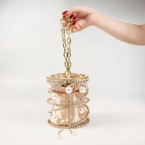 Vista 7 de Bolso bandolera metálico de lujo con diamantes de imitación para mujer, diseño de cadena de perlas 2025, ideal para vacaciones, fiestas, bodas