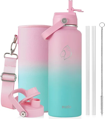 Vista 67 de BUZIO Botella de agua aislada de 24 oz, frasco de agua de boca ancha de acero inoxidable con tapa de pajita, frío durante 48 horas a prueba de Negro