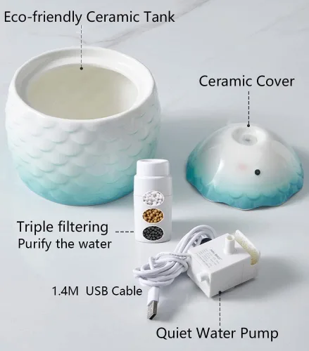 Vista 5 de Fuente de agua automática de cerámica para gatos, cascada, lindo dispensador silencioso de porcelana para gatos de interior, fácil de limpiar, 1 Azul