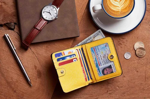 Vista 6 de Gostwo - Cartera compacta de piel genuina de lujo para mujer con bloqueo de RFID y ventana de identificación