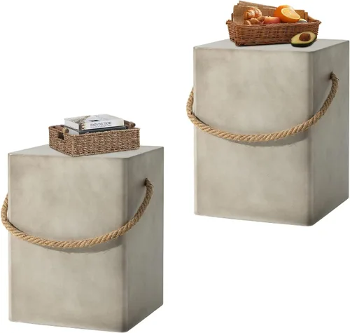Vista 12 de HOMPUS Mesa auxiliar redonda para exteriores, mesa auxiliar moderna de concreto con mango de cuerda, mesa auxiliar de tambor de patio, decoración