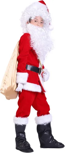 Vista 2 de Traje de Papá Noel de lujo para niños, disfraz de Navidad, Halloween, cosplay, juego de 10 piezas