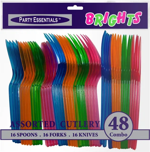 Vista 4 de Party Essentials Paquete combinado de cubiertos de plástico duro, 48 piezas/16 lugares, varios brillos de neón