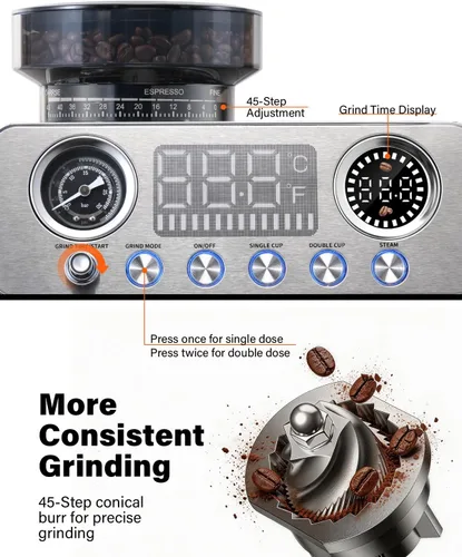 Vista 3 de SHARDOR Máquina de café expreso de 20 bar con molinillo integrado, acero