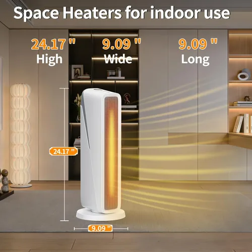 Vista 8 de EasyKey - Calentador de espacio QuietTimer de 24 pulgadas para habitaciones grandes, con punta / seguro contra sobrecalentamiento, color blanco