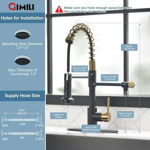 Vista 2 de GIMILI Grifo de agua potable negro y dorado 3 en 1 estilo comercial desplegable con filtro de una sola manija para sistema de filtración de agua