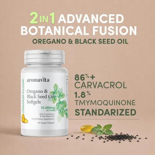 Vista 2 de Cápsulas blandas de aceite de orégano y semillas negras – Carvacrol natural y poten puro aceite de semilla negra – 7 mg de timoquinona – Orgánico