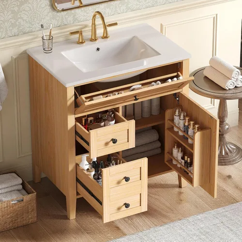 Vista 10 de Harper & Bright Designs Tocador de baño de 24 pulgadas con lavabo, juego de tocador independiente con 4 cajones, estantes de almacenamiento y Negro
