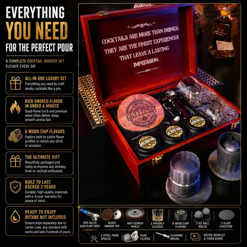 Vista 2 de Kit para ahumar whisky Kit para ahumar cócteles con antorcha, protector térmico, tapa, 6 astillas de madera y caja de regalo para cócteles a
