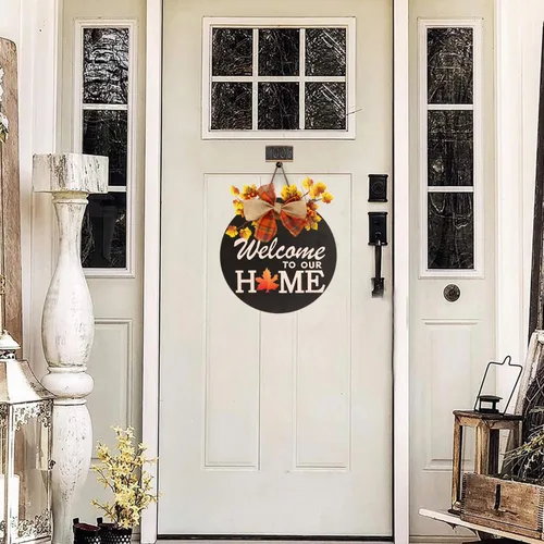 Vista 3 de Señal de bienvenida intercambiable para decoración de puerta delantera con 4 coronas de temporada y 14 iconos festivos, colgador de puerta de Negro