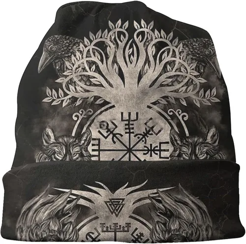 Vista 3 de MaoPInG Vegvisir Yggdrasil Crow Fenrir Wolf Tree of Life Beanie Hat Fall Women's Warm Beanie Dual Casual Hat Sombrero Sombrero de senderismo