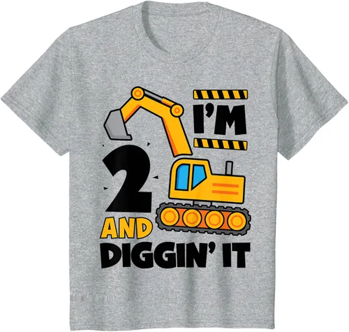 Vista 6 de Kids 2 Two and Digging It 2nd Birthday Boy Construction Excavator T-Shirt, Gris Gris Oscuro