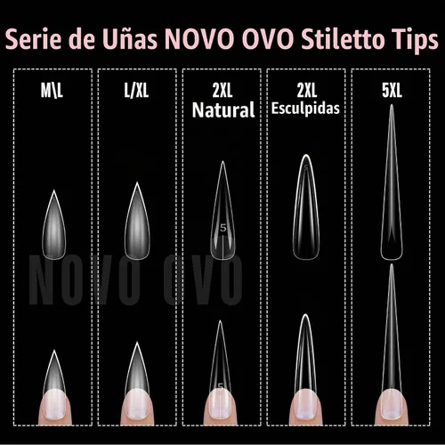 Vista 6 de NOVO OVO - Puntas de uñas postizas largas XL, puntiagudas, de tacón aguja, autoadhesivas, extra largas, gruesas, de gel suave, doble mate