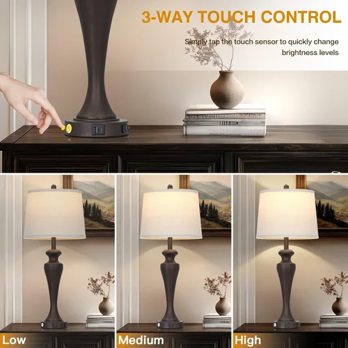 Vista 4 de Lámpara de mesa marrón oscuro de 30 pulgadas, lámpara de noche individual con control táctil de 3 vías con puertos USB A+C y salida de CA, lámparas