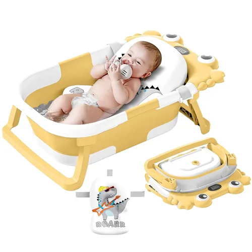 Vista 8 de Bañera plegable para bebés desde recién nacidos hasta niños pequeños con monitor de temperatura en tiempo real + cojín flotante, juego de bañera