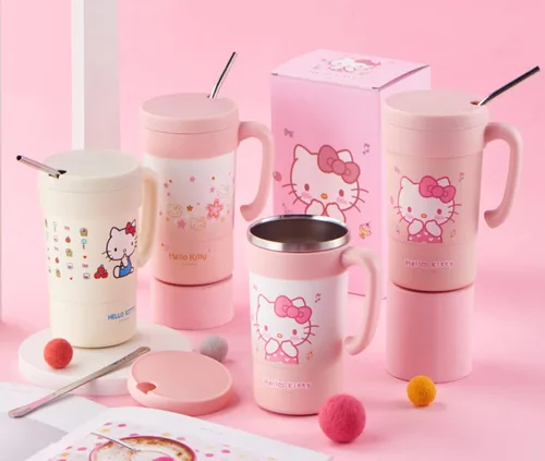 Vista 6 de Everyday Delights Hello Kitty - Vaso aislado de acero inoxidable con tapa, popote y varilla para agitar, 19.6 fl oz (blanco)