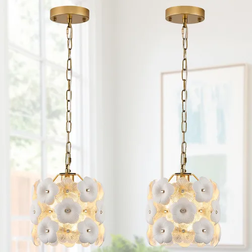 Vista 21 de Lámpara colgante de cristal dorado, paquete de 1 lámpara colgante de techo pequeña con flores modernas, 1 luz para cocina, isla, fregadero, comedor