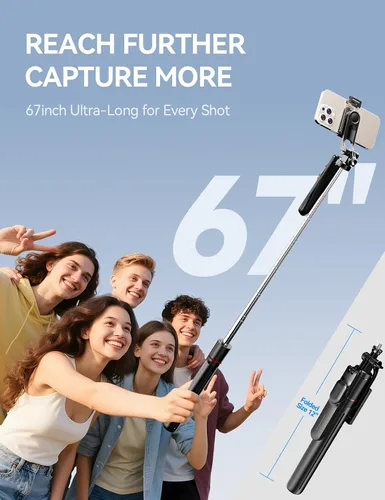 Vista 2 de Takerers Trípode para teléfono celular de 67 pulgadas y palo para selfie con control remoto inalámbrico, todo en uno multifuncional para selfie