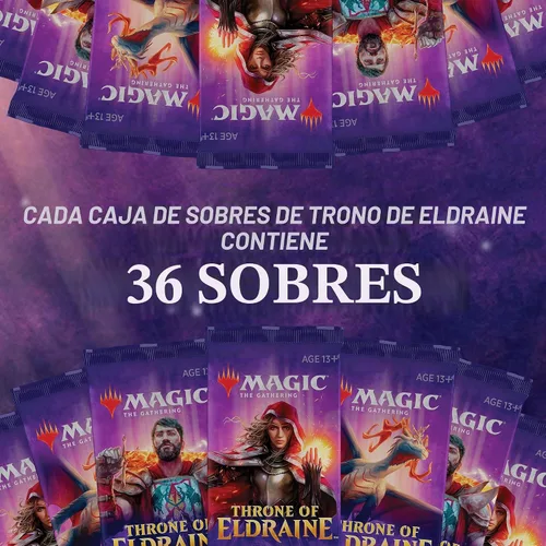 Vista 2 de Magic: The Gathering Caja de refuerzo del trono de Eldraine Paquete de 36 Booster (540 tarjetas) Sellado de fábrica