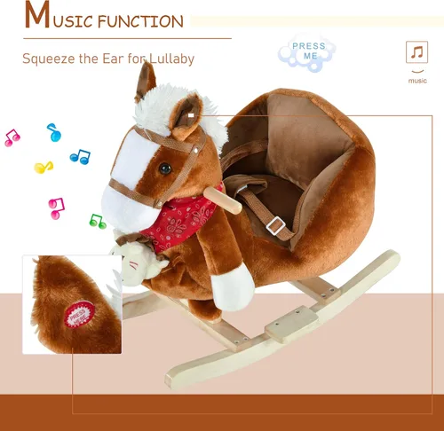 Vista 6 de Qaba Juguete de caballo mecedora para niños, balancín con canción de cuna, títeres de mano y tela de felpa suave para niños de 18 a 36 meses