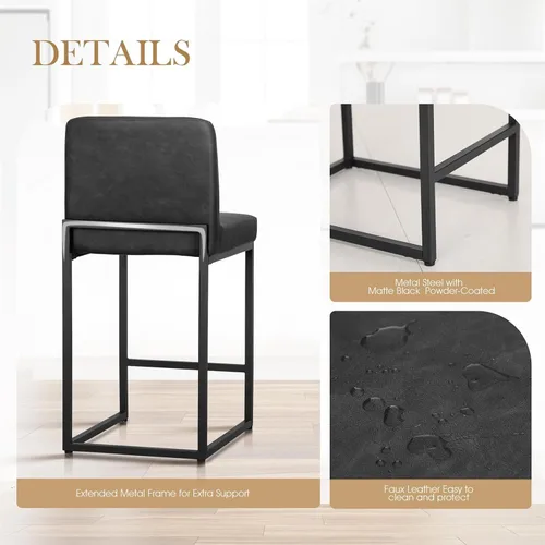 Vista 8 de Sophia & William Taburete de bar negro, altura de mostrador de 24 pulgadas con respaldo, sillas de bar modernas de piel sintética para cocina, 1