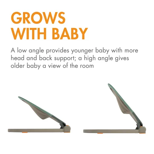 Vista 6 de Boon Bouncer portátil inclinado para bebés, asiento plegable para bebés, silla de bebé portátil ligera con tela lavable a máquina y arnés de 3 Verde