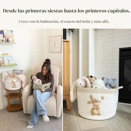 Vista 4 de Cesta de almacenamiento de conejito para bebé, cubo de cuerda de algodón tejido, 15 x 11 pulgadas