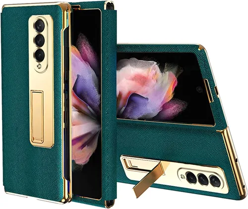 Vista 8 de Ninki Funda de cuero para Galaxy Z Fold 3 con función atril, color negro, cuero de lujo con PC a prueba de golpes y soporte de anillo protector