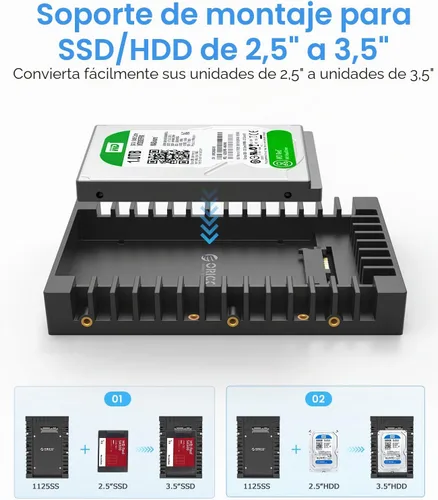 Vista 2 de ORICO 2.5 SSD SATA a 3.5 Adaptador de disco duro para bahía interna convertidora de montaje de soporte para bandeja de 7 / 9.5 / 12.5mm 2.5 pulgadas