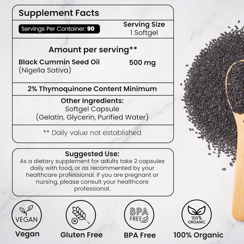 Vista 2 de HERBOGANIC Cápsulas blandas de aceite negro prensado en frío, 90 unidades, mezcladas con otros productos herbarios, apoya la salud general