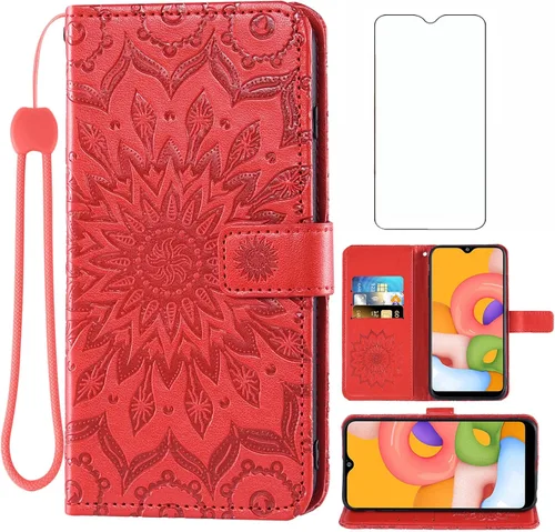 Vista 9 de Asuwish Funda de teléfono para Samsung Galaxy A01 con protector de pantalla de vidrio templado y funda delgada de cuero con soporte para tarjetas