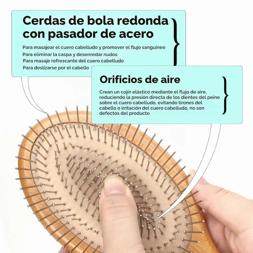 Vista 3 de Cepillo de pelo Combetter de bambú, para alisar el cabello y masajear el cuero cabelludo, cepillo desenredante antiestático, cepillo de madera