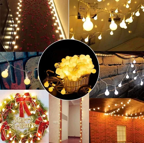 Vista 4 de Guirnalda de luces de globo funciona con pilas, color blanco cálido, resistente al agua, paquete de 2 unidades de 40 luces LED de 19.7 pies, 8 modos