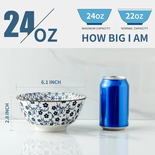 Vista 3 de Tazones de porcelana para cereales de 24 onzas a 6 pulgadas, juego de 6, cuencos vintage azules y blancos para arroz, ensalada, aperitivos