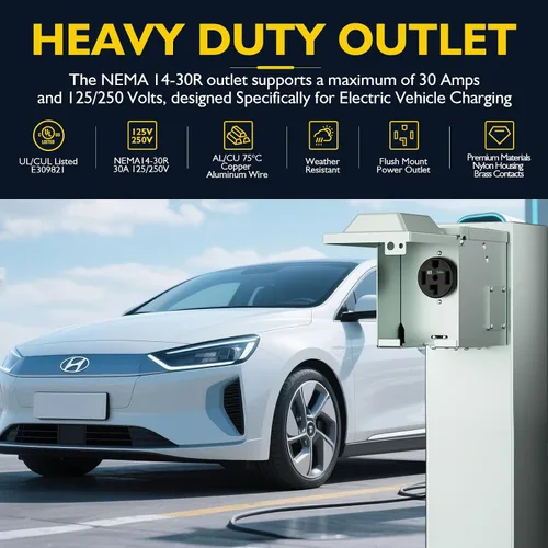 Vista 6 de Receptáculo/salida de dispositivo de hoja recta de carga EV de 30 amperios, resistente a la intemperie, NEMA 14-30R con placa de pared, grado