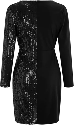 Vista 5 de Vestido de noche con cuello en V para mujer manga larga con lentejuelas y costuras para cóctel fiesta vestido de noche con abertura en la cadera