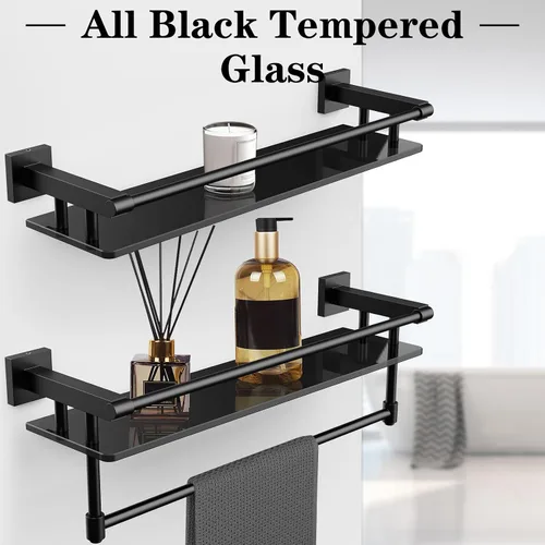 Vista 3 de Estante de vidrio para baño, estantes de baño de 20 pulgadas con toallero, estantes de vidrio templado con toallero de acero inoxidable para estante