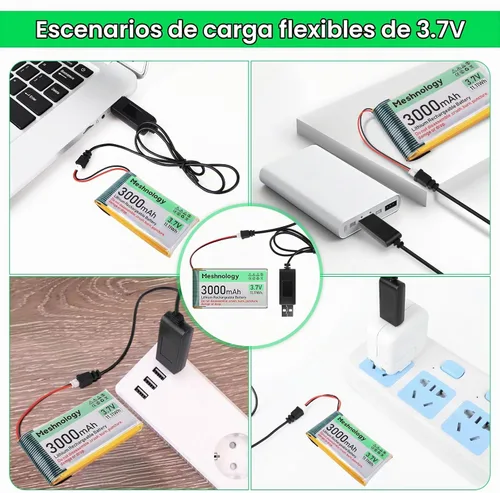 Vista 5 de Batería Li de 3.7 V 3000 mAh con cable de cargador USB 103665 1S Batería LiPo con placa de protección, cinta de goma aislada y enchufe micro JST