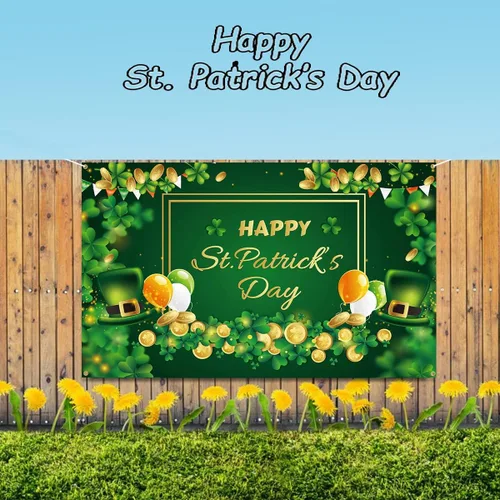 Vista 3 de Decoraciones de pancarta de feliz día de San Patricio, telón de fondo del día de San Patricio de 71 x 45 pulgadas con diseño de trébol de la suerte