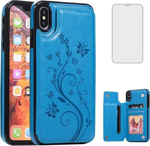 Vista 12 de Funda de teléfono para iPhone Xs Max de 6.5 pulgadas 2018 con protector de pantalla de vidrio templado, tarjetero con tapa de cuero para celular i X