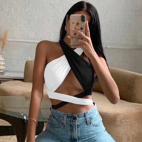 Vista 4 de ZAFUL - Ombliguera cruzada estilo halter de tejido acanalado para mujer camiseta sin mangas tipo con diseño fruncido y con lazos
