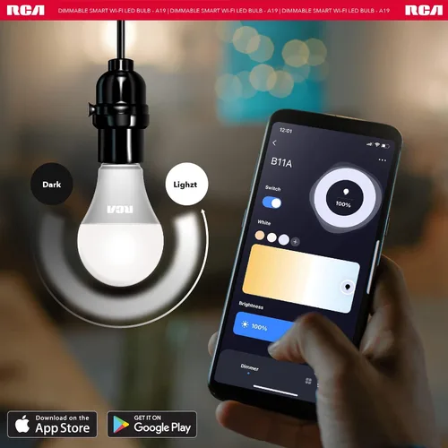 Vista 6 de RCA Bombillas inteligentes, bombilla LED WiFi, luces LED regulables, 800 lúmenes 10 W (60 W EQ A19), compatible con Alexa y Google, control desde