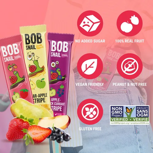 Vista 3 de BOB SNAIL Bocadillos de fruta saludables para niños y adultos – 30 bocadillos de fruta en tiras con sabor a manzana-pera, fresa, grosella negra