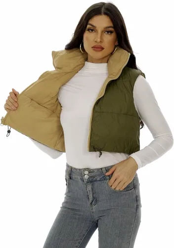 Vista 4 de Kusogiay Chaleco corto acolchado para mujer, ligero, con cremallera, sin mangas, reversible, con bolsillos
